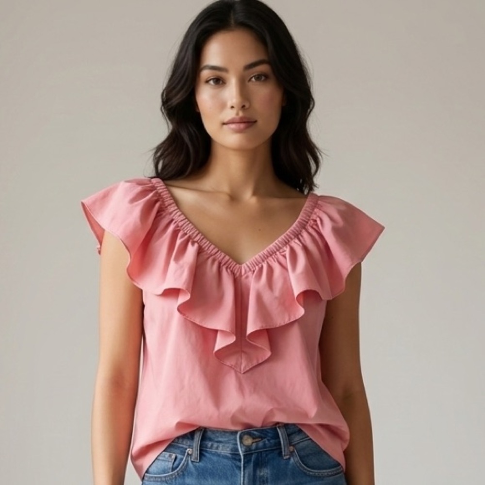 Rebecca Taylor Pink Ruffle V-Neck Cotton Poplin Blouse Top Size 8